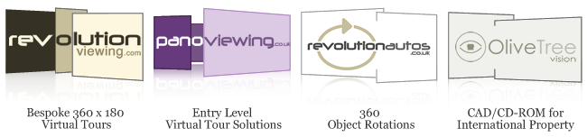 Revolution Viewing - Bespoke 360 X 180 Virtual Tours. Panoviewing - Entry Level Virtual Tour Solutions. Revolution Autos - 360 Object Rotations. Olive Tree Vision - CAD/CDROM for International.